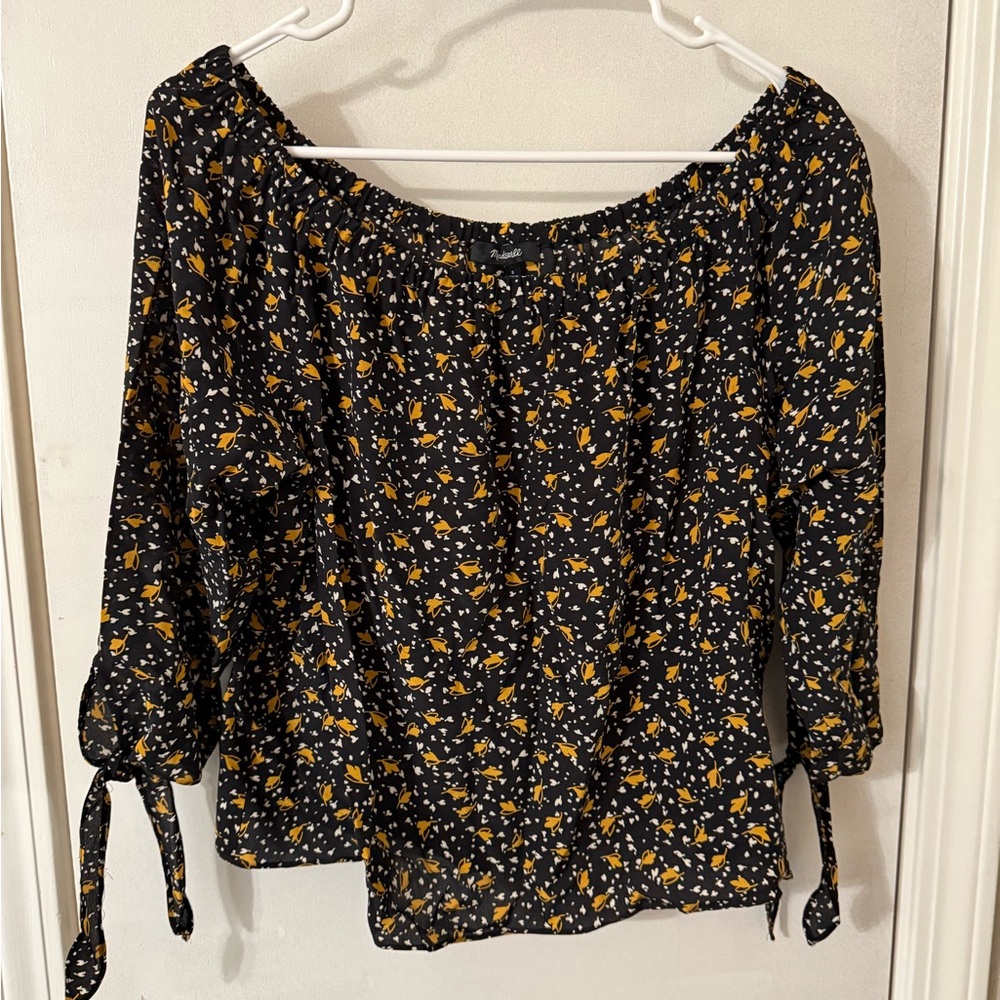 Madewell Yellow and White Smocked Tie Front Blouse